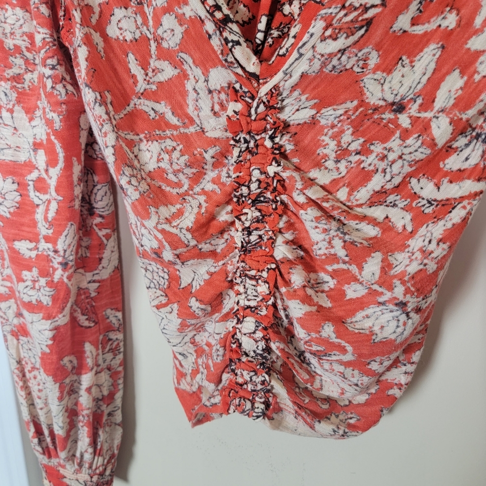 Free‎ People Say The Word Floral Print V-Neck Long Blouson Sleeve Ruched Top XS - Picture 5 of 11